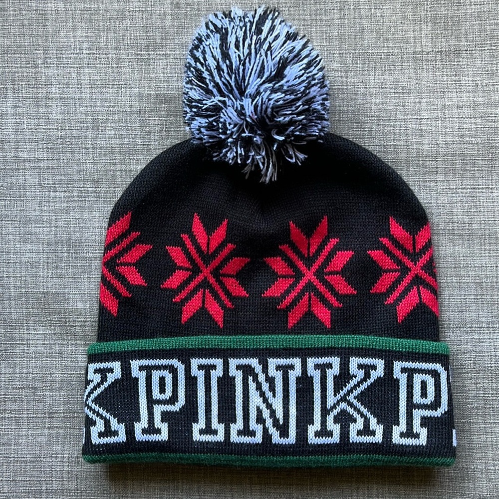 Victoria's Secret PINK Winter Hat Black Knit Pom-Pon